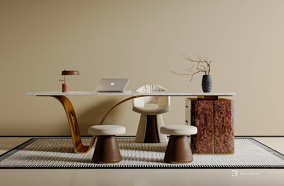 Modern Wabi Sabi Home Office Desk With Comfortable Upholstered Chairs And Stools Combination Set 3d model 