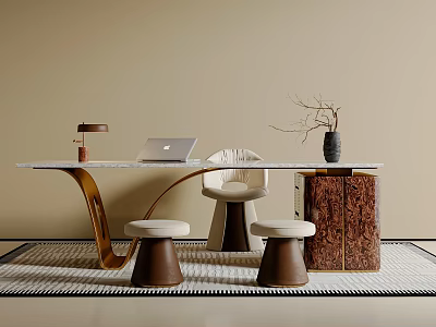 Modern Wabi Sabi Home Office Desk With Comfortable Upholstered Chairs And Stools Combination Set 3d model