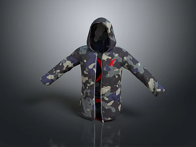 Trendy Camouflage Pattern Hooded Jacket With Red Logo And Unique Design 3d model