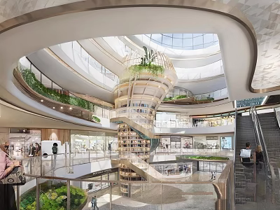 Modern Shopping Mall Lobby Interior With Multi Level Design Green Plants And Glass Dome 3d model
