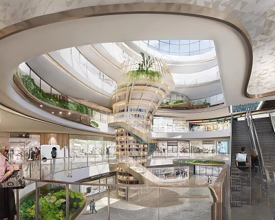 Modern Shopping Mall Lobby Interior With Multi Level Design Green Plants And Glass Dome 3d model