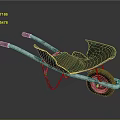 Green Wheelbarrow With Silver Metal Frame And Single Worn Wheel On Gray Background