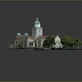 Whimsical Cartoon Scene of Historic Building with Red Roofs Green Dome Lush Lawn and Trees