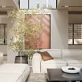 Modern Minimalist Living and Dining Area With Large Windows Sofa Coffee Table and Green Plant