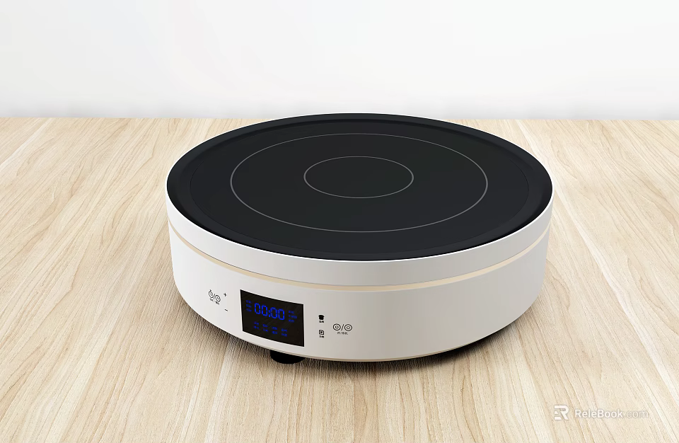 Round Induction Cooktop with Black Glass Panel White Design and Digital Display on Wooden Countertop 3d model 