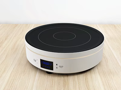 Round Induction Cooktop with Black Glass Panel White Design and Digital Display on Wooden Countertop 3d model