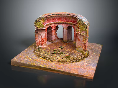 Red Brick Semicircular Arch Model Structure With Moss Covered Walls And Scattered Leaves 3d model