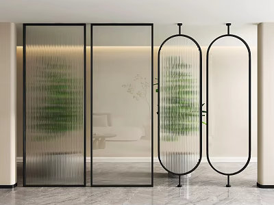 Modern Glass Partition With Black Frame And Green Plant Background In Interior Design 3d model