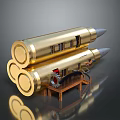 Golden Weapon Cannonballs Featuring Multiple Shells On Wooden Stand With Gear 3d model