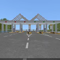 Toll Plaza Structure with Canopy Lanes Signs and Green Trees Under Blue Sky