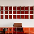 Modern Living Room With Curved Red Partition Large Window City View And Furniture
