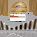 Modern Elegant Reception Desk Design with White Countertop Gold Vertical Stripes and Arched Wooden Backdrop