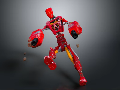 Red Robot Character In Dynamic Mechanical Action Pose With Flying Debris 3d model