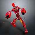 Red Robot Character In Dynamic Mechanical Action Pose With Flying Debris