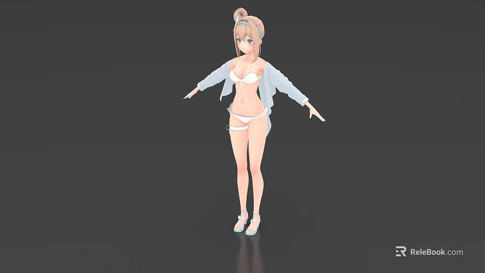 Woman With Blonde Hair Wearing White Bikini And Casual Cardigan Arms Outstretched On Gray Background 3d model 