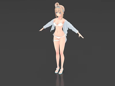Woman With Blonde Hair Wearing White Bikini And Casual Cardigan Arms Outstretched On Gray Background 3d model