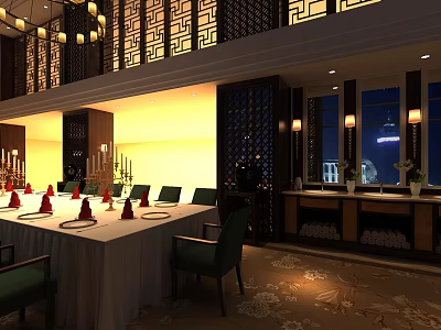 Elegant Chinese Restaurant Interior With Round Dining Table Green Chairs And Chandeliers 3d model