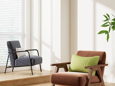 Navy Blue Armchair White Cushion Brown Wooden Armrest Green Pillow Sunlight Window Blinds Green Plant 3d model