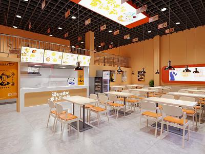 Modern Restaurant Interior Design With Orange Walls White Tables Chairs Order Counter And Hanging Decorations 3d model