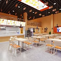 Modern Restaurant Interior Design With Orange Walls White Tables Chairs Order Counter And Hanging Decorations