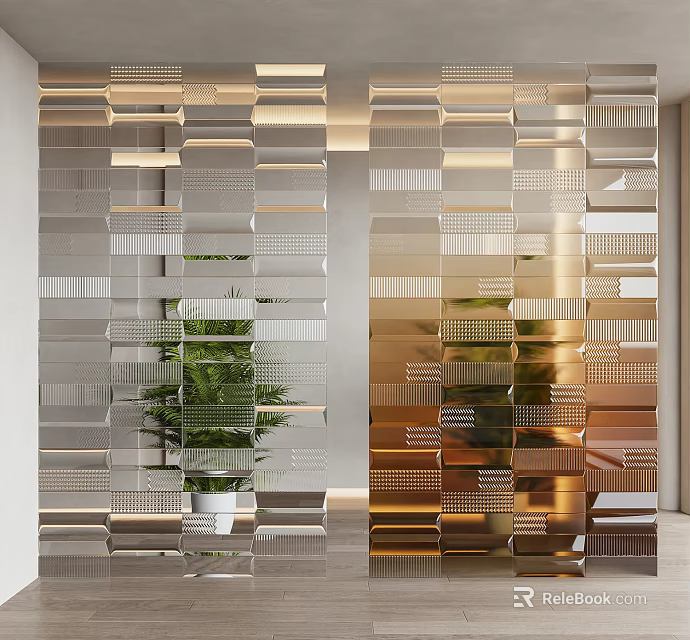 Modern Room Divider Design With Geometric Silver Gold Panels And Indoor Green Plant 3d model 