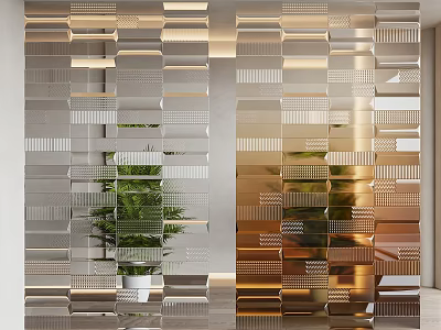 Modern Room Divider Design With Geometric Silver Gold Panels And Indoor Green Plant 3d model