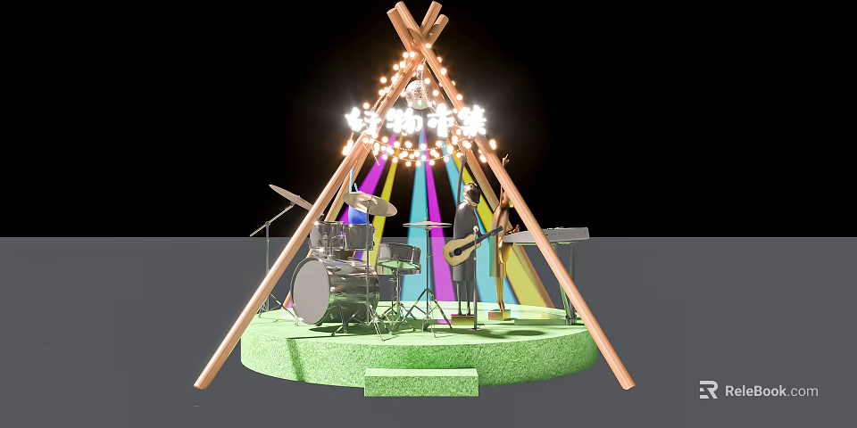 Conical Stage Setup With Musical Instruments Colorful Lights And Wooden Frame Green Platform 3d model 
