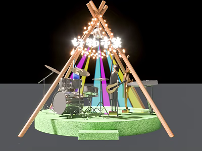 Conical Stage Setup With Musical Instruments Colorful Lights And Wooden Frame Green Platform 3d model