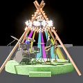 Conical Stage Setup With Musical Instruments Colorful Lights And Wooden Frame Green Platform