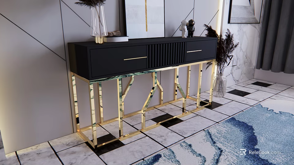 Modern Black Console Table with Gold Frame and Marble Top Design 3d model 