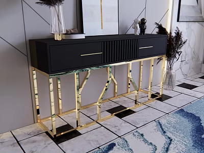 Modern Black Console Table with Gold Frame and Marble Top Design 3d model