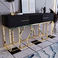 Modern Black Console Table with Gold Frame and Marble Top Design
