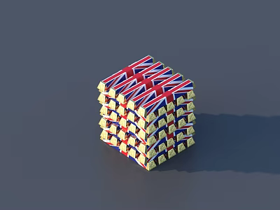 Union Jack Themed Layered Square Cake with Red White Blue and Yellow Decorations 3d model