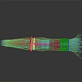 Colorful Rocket Weapon Design with Red Yellow Blue Green Flames Tail Fins and Reflective Surface