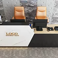 Modern Reception Desk With Marble Countertop And Gold Logo Display On Patterned Wall Panel 3d model
