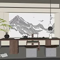 Traditional Tea Room Interior Design With Wooden Table Tea Sets And Mountain Painting