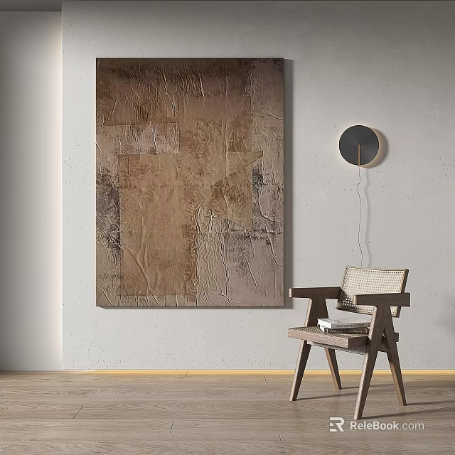 Abstract Painting Decor on Light Wall with Wooden Floor Round Mirror and Chair 3d model 