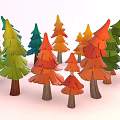 Colorful Trees with Vibrant Red Orange Yellow Green Blue Foliage in Cartoon 3D Model Style