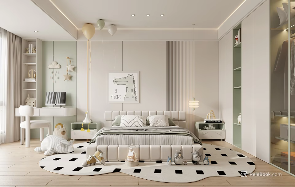 Kids Room With Crocodile Artwork Bed Black And White Checkered Rug Desk And Toys 3d model 