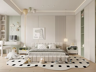 Kids Room With Crocodile Artwork Bed Black And White Checkered Rug Desk And Toys 3d model