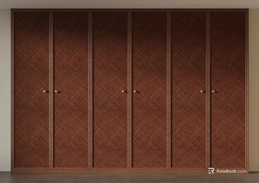 Modern Brown Wooden Wardrobe With Six Panel Doors And Geometric Pattern Details 3d model 