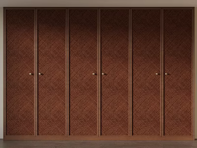 Modern Brown Wooden Wardrobe With Six Panel Doors And Geometric Pattern Details 3d model
