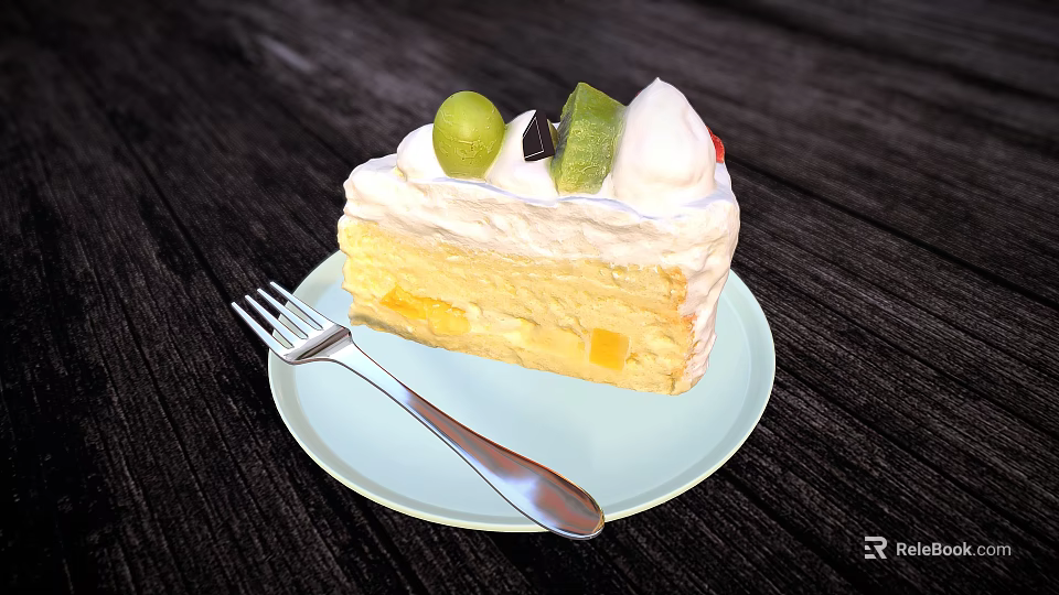 Fresh Fruit Topped Cream Cake With Mango Layers On Light Blue Plate And Fork 3d model 