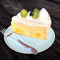 Fresh Fruit Topped Cream Cake With Mango Layers On Light Blue Plate And Fork