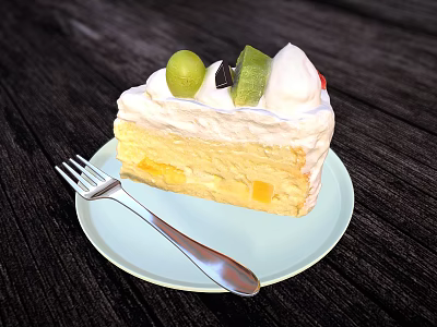 Fresh Fruit Topped Cream Cake With Mango Layers On Light Blue Plate And Fork 3d model