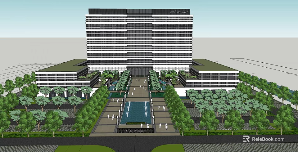 Modern Industrial Park Featuring High Rise Building Lush Greenery Central Fountain And Pedestrian Walkway 3d model 