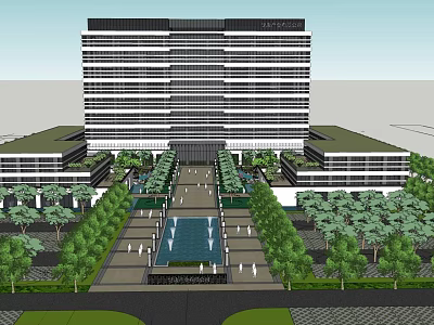 Modern Industrial Park Featuring High Rise Building Lush Greenery Central Fountain And Pedestrian Walkway 3d model