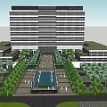 Modern Industrial Park Featuring High Rise Building Lush Greenery Central Fountain And Pedestrian Walkway
