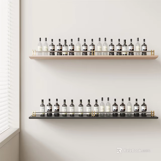 Wall Mounted Wine Rack With Light Dark Wood Metal Accents Holding Neatly Arranged Bottles 3d model 