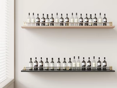 Wall Mounted Wine Rack With Light Dark Wood Metal Accents Holding Neatly Arranged Bottles 3d model